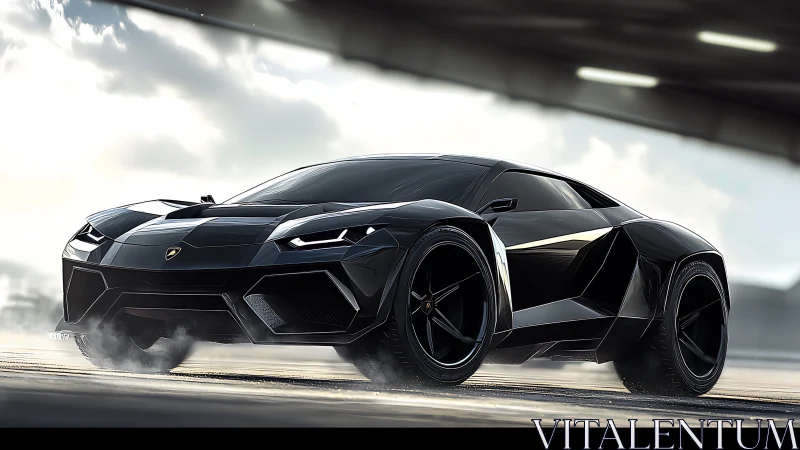 Low-angle render of matte black angular hypercar in motion