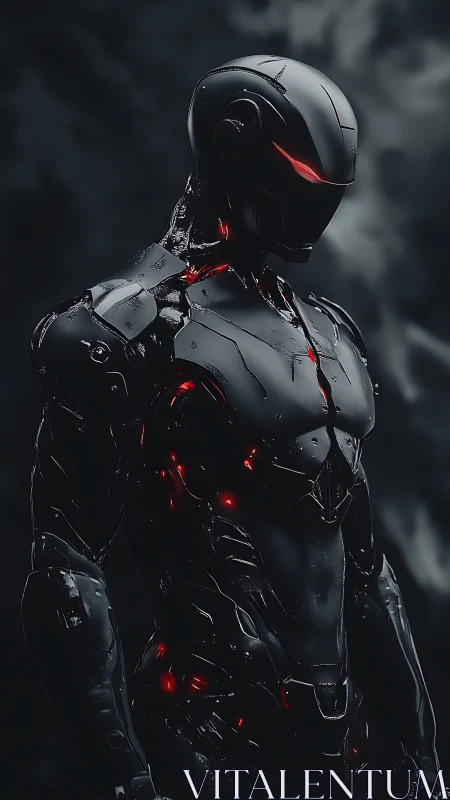 Stealth tactical combat android with red luminescent core