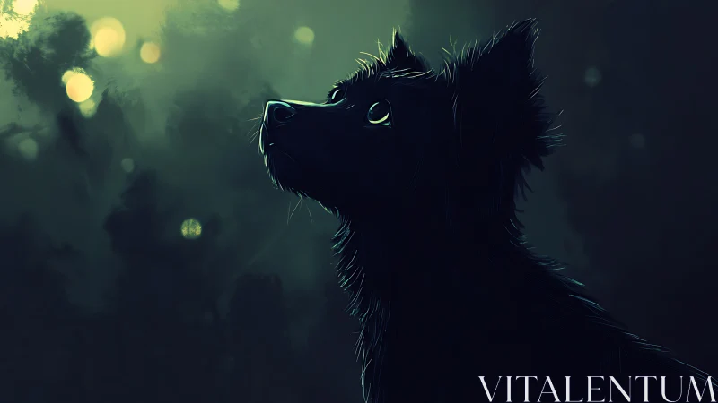 Soft night dog beneath glowing forest firefly lights.