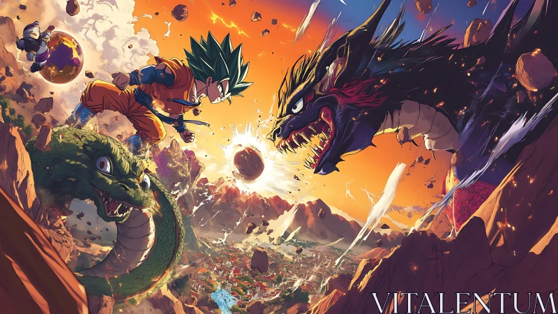 Saiyan sky-duel against roaring cosmic dragons at dusk.