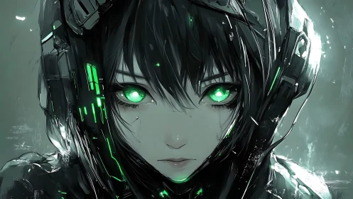 Emerald eyed cyber girl gazes forward with quiet strength