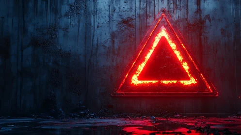 Luminous red warning triangle glows against wet industrial wall