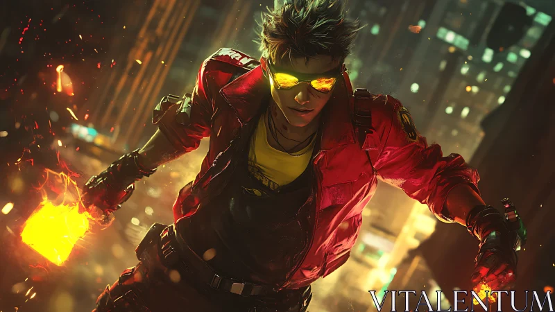 Cyberpunk vigilante ignites neon city streets in motion