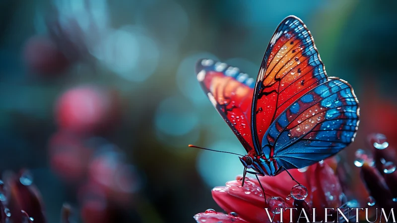 Macro view of red blue butterfly on flower after rainfall.