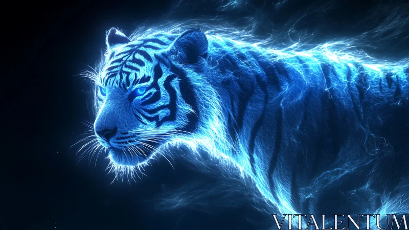 Neon blue tiger silhouette rendered in glowing light lines.