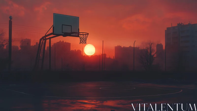 Sunset city court glowing with quiet basketball memories.