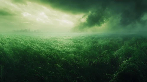 Emerald fields stretching toward a misty, stormlit horizon.