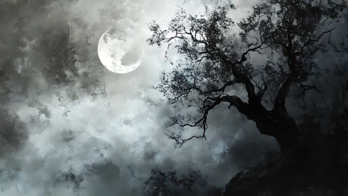 Moonlit gnarled tree silhouette against dense cloudy night sky.