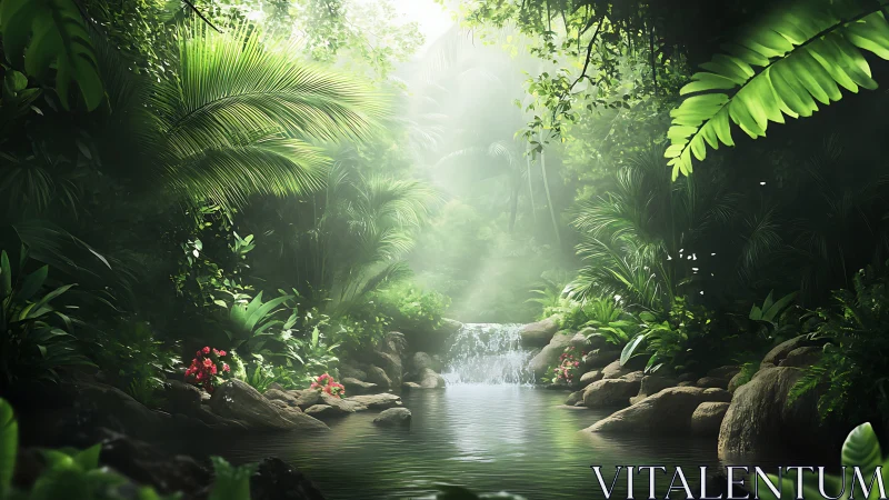 Sunlit jungle pool where quiet water meets wild green.