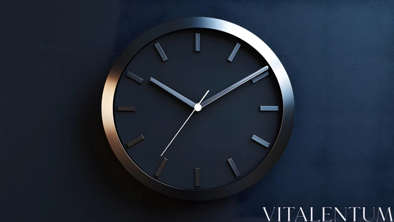 Modern black wall clock in minimalist style on dark textured background.