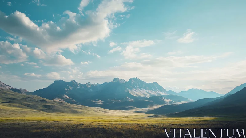 Sunlit alpine peaks above sweeping emerald valley plain.