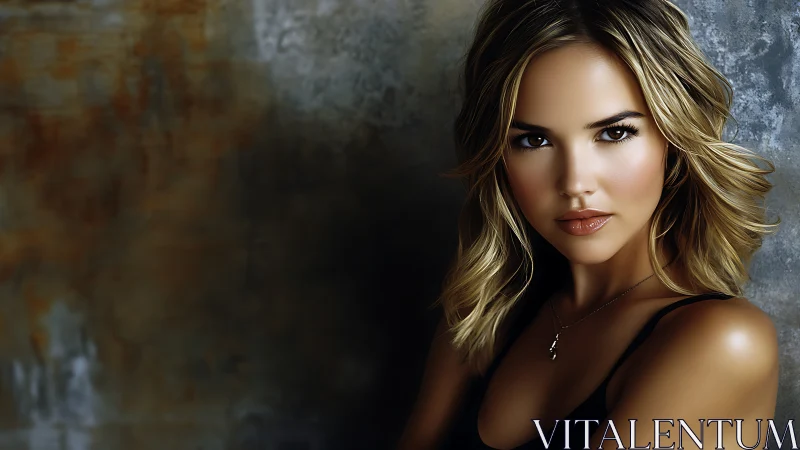 Soft golden portrait against weathered urban backdrop.