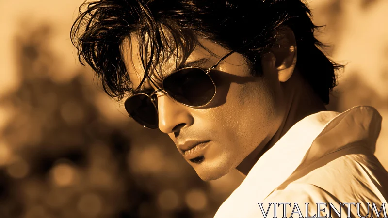 Sepia-toned male portrait with sunglasses and backlighting.
