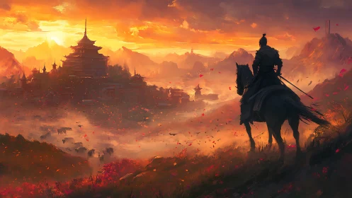 Lone warrior on horseback surveys a blazing sunset citadel
