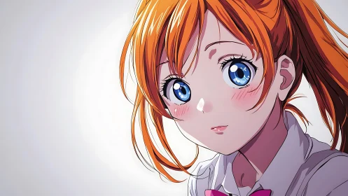 Orange haired anime girl portrait on light background.