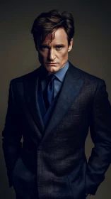 Storm-eyed gentleman in indigo suit under cinematic shadows.