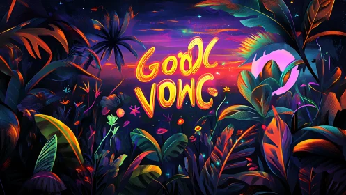 Neon jungle illustration displays stylized foliage and lettering