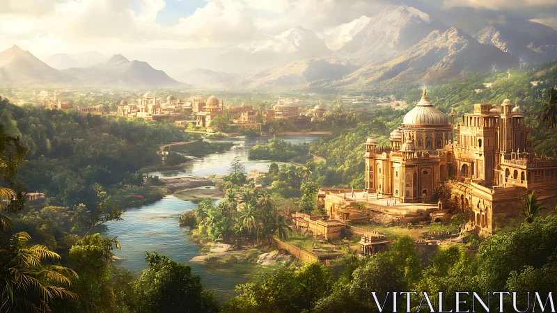 Sunlit river kingdom cradled by emerald jungles and peaks.