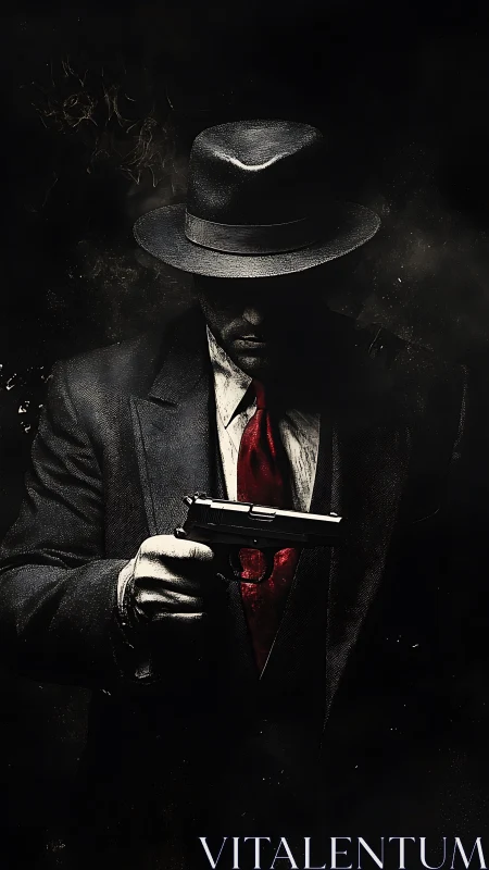 Shadowed noir gunman in a sharp suit holds quiet tension