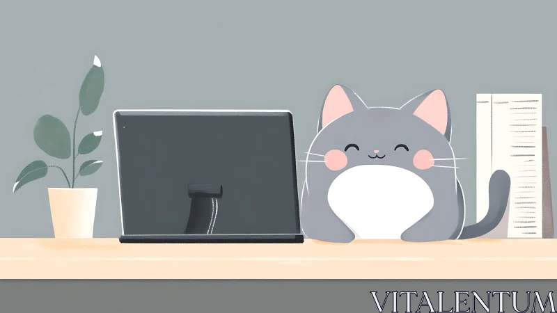 Smiling chubby desk cat beside sleek laptop illustration.