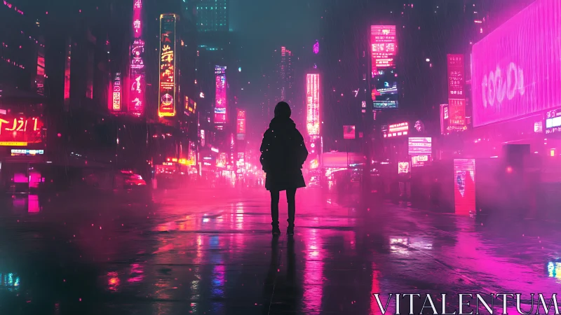Lone figure wanders neon city streets in rainy cyber dusk.