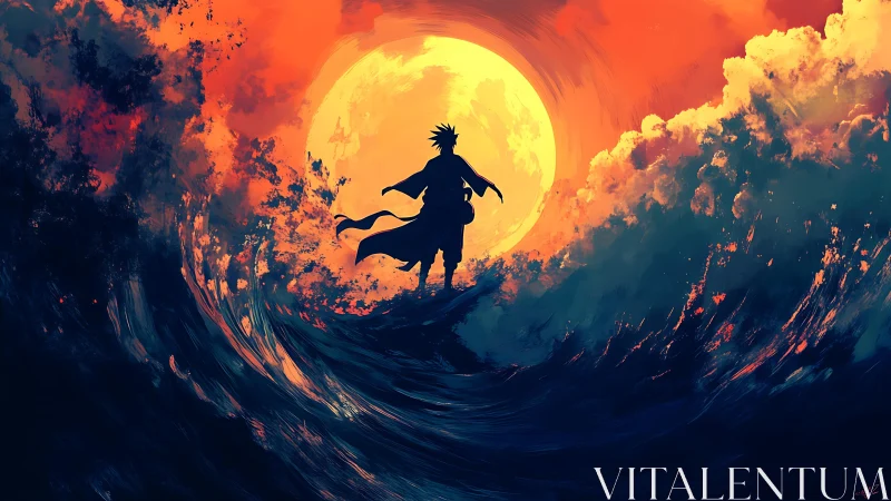 Silhouetted warrior atop storm wave before blazing moon.