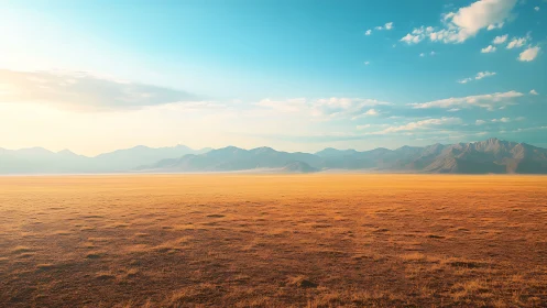Golden steppe plain meets distant blue mountain ridge at dawn