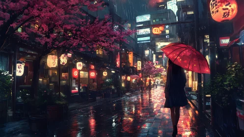Rainy neon street with red umbrella and sakura trees.