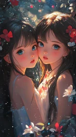 Twin sisters glow beneath enchanted night blossoms.