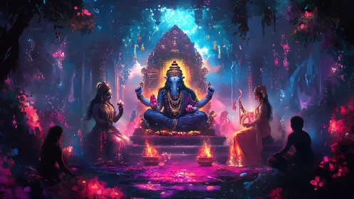 Radiant temple gathering around a serene divine presence.