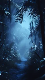Moonlit jungle corridor beneath woven palm canopy.