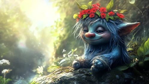 Forest sprite rests in glowing meadow light, crowned with joy.