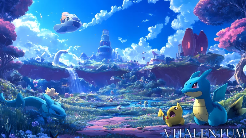 Vibrant Pokémon landscape renders lush valley in dynamic light