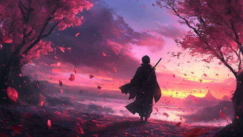 Wandering swordsman amid glowing cherry blossom sunset.