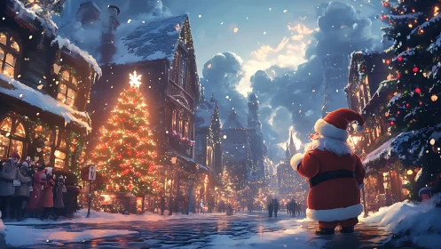 Snowlit Christmas street where Santa greets a glowing town.