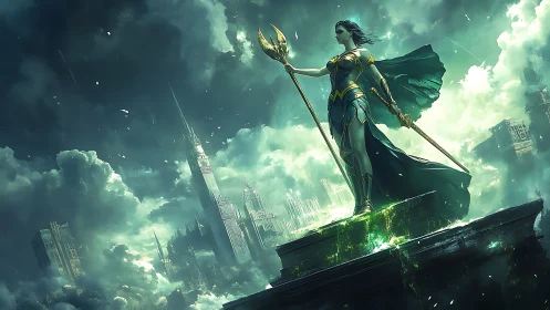 Storm goddess stands over neon city in emerald thunderstorm