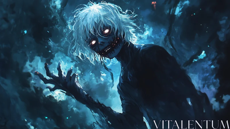 White-haired spectral figure is rendered in blue digital gloom
