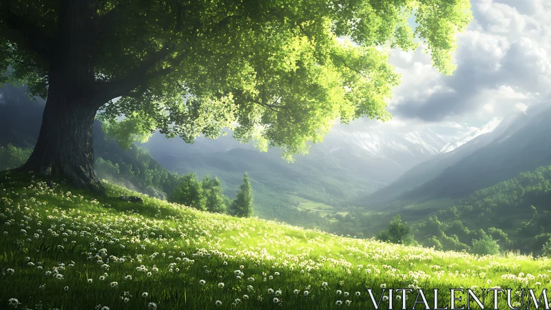 Sunlit valley meadow dreaming beneath a grand old tree.