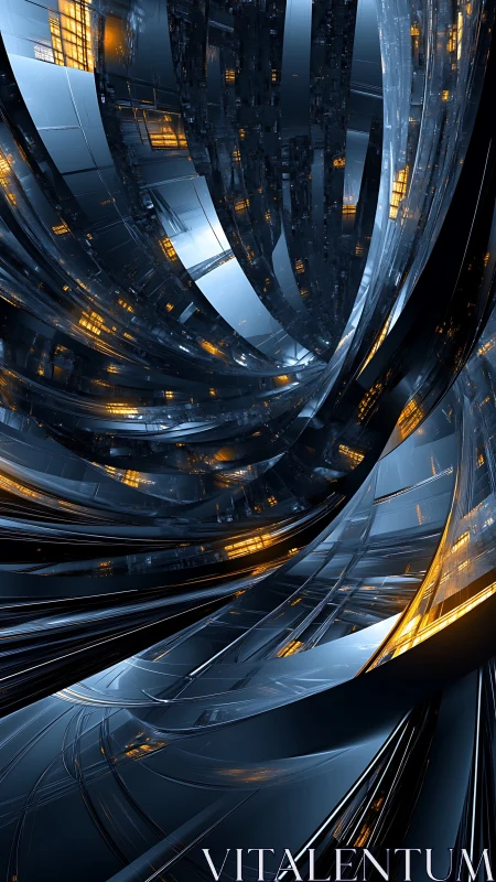 Curved metallic data conduits with amber-lit circuit nodes