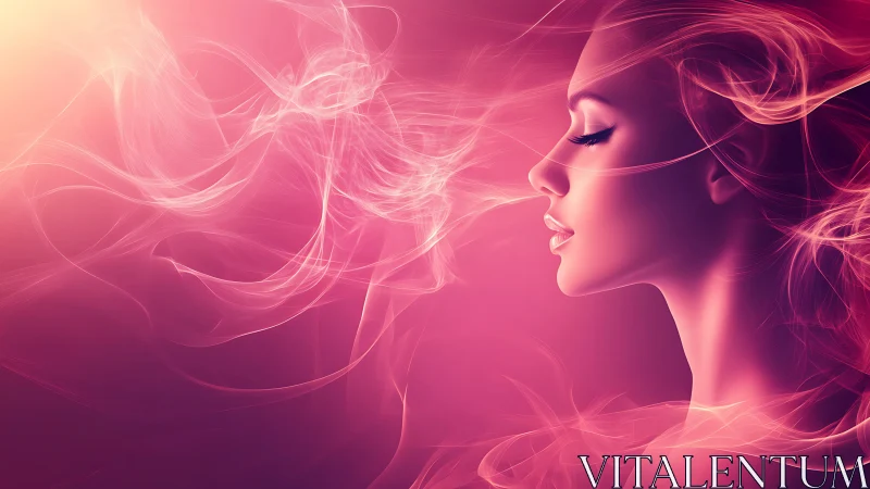 Digital profile portrait in pink vapor light glow.