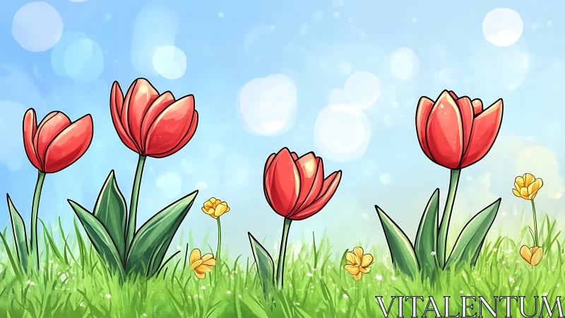 Spring Garden: Red Tulips and Yellow Flowers in Bloom.