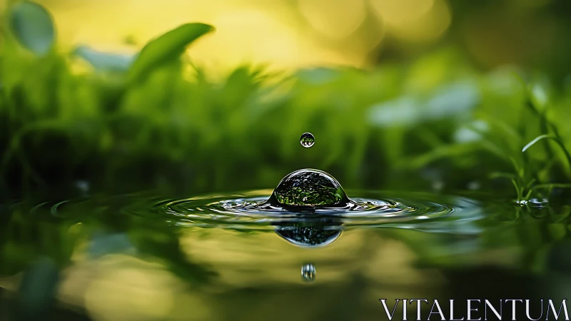 Suspended water droplet over vivid green garden pool.