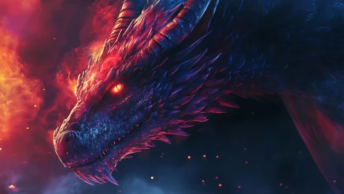 Side profile of fire-lit dragon head in glowing embers.