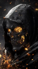 Flaming skull in dark hood dominates fiery close-up scene