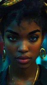 Intense close up portrait of woman with gold jewelry.