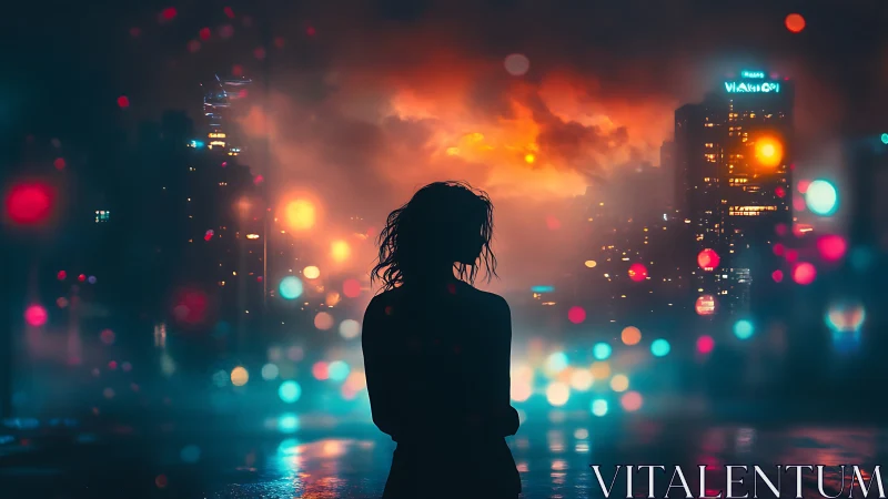 Silhouetted figure observes neon-lit skyline in atmospheric haze