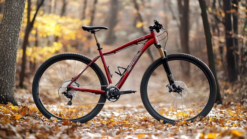 Red Mountain Bike Positioned Among Autumn Leaves.
