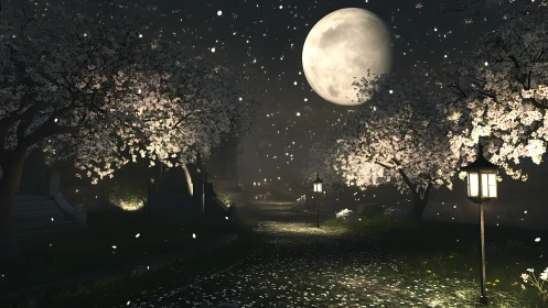 Moonlit blossom path glowing softly beneath spring petals.