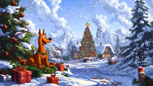 Scooby-Doo keeps cheerful watch over a sparkling snowy village