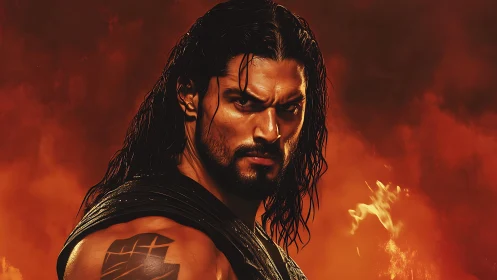 Intense warrior portrait in fiery cinematic close-up lighting.